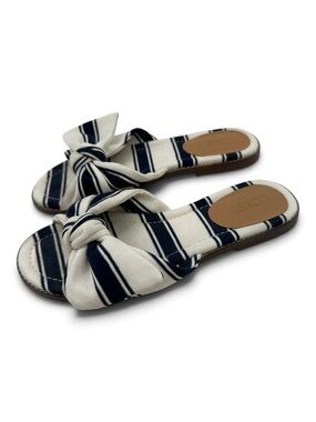 J.Crew Factory Size 5 Navy Ivory Striped Bow Slide Sandals Nautical Coastal
